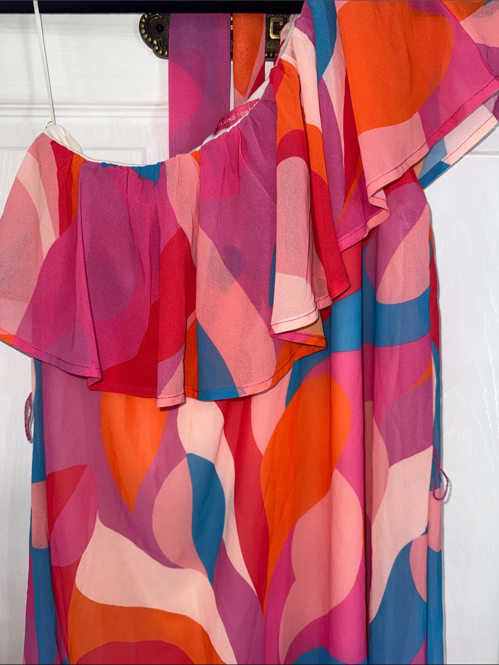 Flying Tomato Pink Orange Blue Abstract One-Shoulder Dress - Picture 4 of 6
